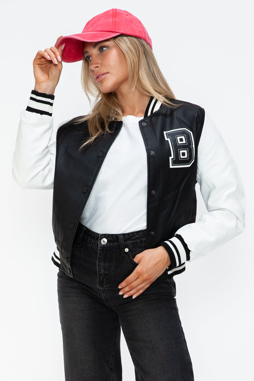 Love Me Now PU Leather Contrast Snap Down Bomber Jacket - Teresa's Fashionista LLC