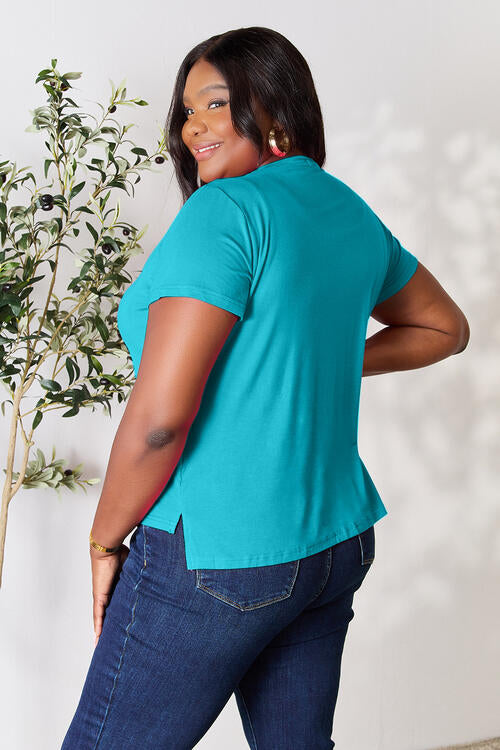 Basic Bae full size round neck short sleeve T-shirt in teal, slightly stretchy and opaque.