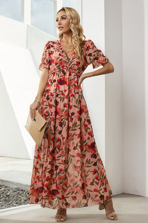 Floral V-Neck Short Flounce Sleeve Dress-Teresa's Fashionista LLC