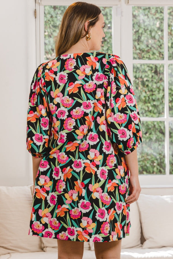ODDI Full Size Floral Puff Sleeve Mini Dress-Teresa's Fashionista LLC