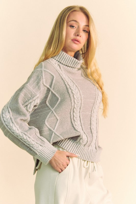 Davi & Dani Cable-Knit Turtleneck Dropped Shoulder Sweater - Teresa's Fashionista LLC