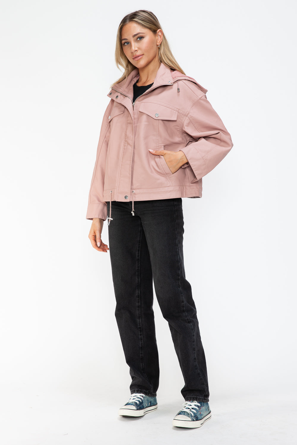 How Dare U Drawstring Hem PU Leather Zip Up Jacket - Teresa's Fashionista LLC