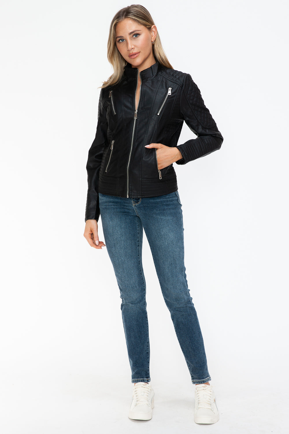Snobbish Faux Leather Zip Up Mock Neck Jacket - Teresa's Fashionista LLC