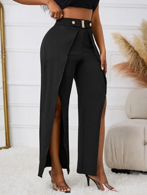 Ladies' Solid Color Belt, Loose Wide Leg Slit, Elegant Straight Leg Pants - Teresa's Fashionista LLC
