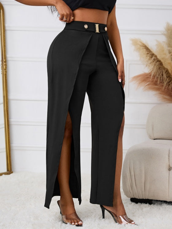 Ladies' Solid Color Belt, Loose Wide Leg Slit, Elegant Straight Leg Pants - Teresa's Fashionista LLC
