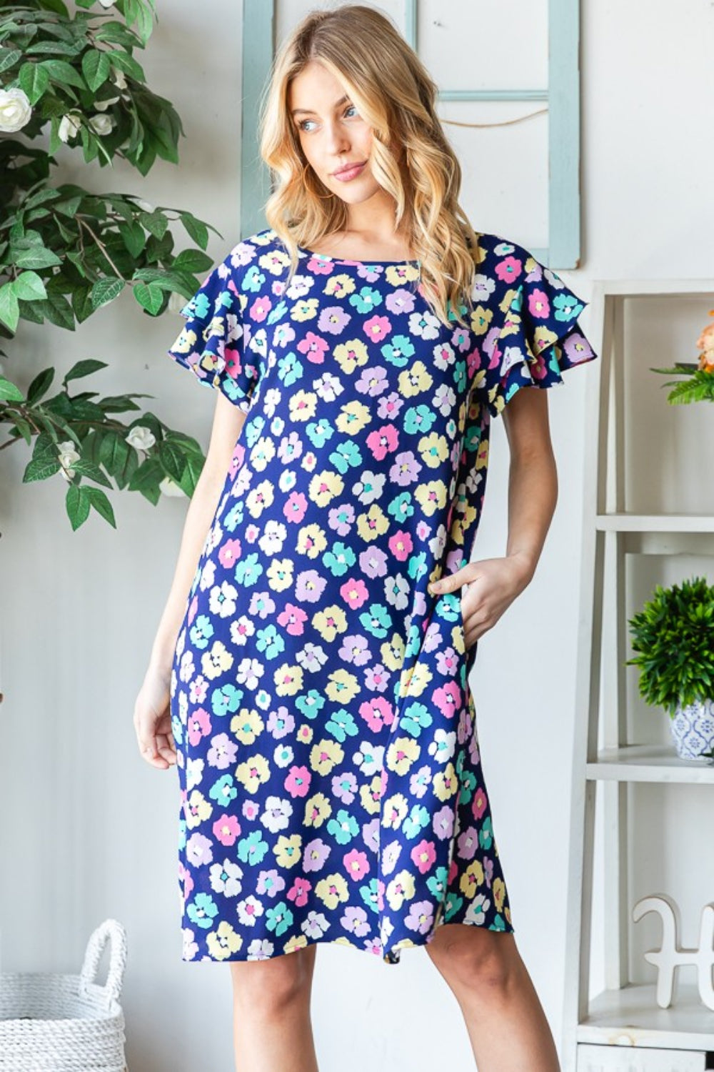 Heimish Full Size Floral Ruffled Short Sleeve Dress with Pockets-Teresa&#39;s Fashionista LLC