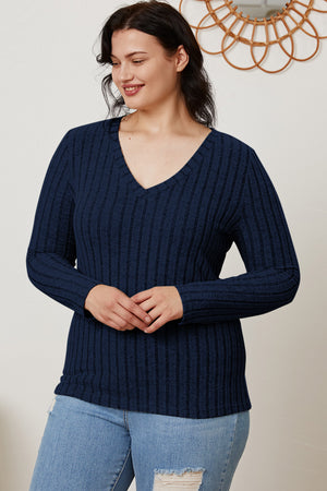 Basic Bae Full Size Ribbed V-Neck Long Sleeve T-Shirt-Teresa's Fashionista LLC
