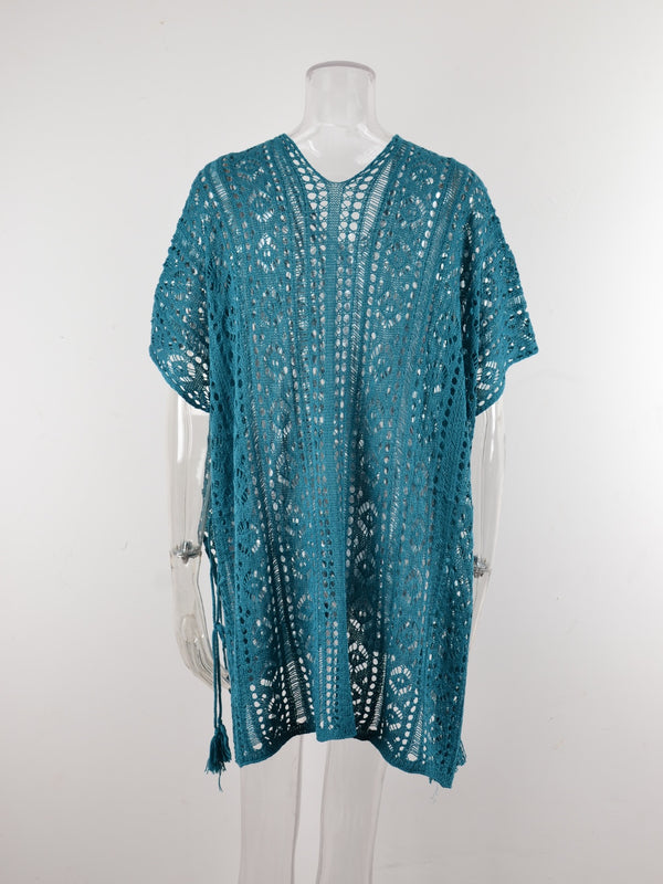 Cutout V-Neck Cover-Up with Tassel-Teresa's Fashionista LLC