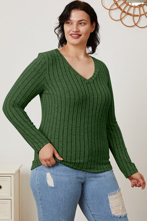 Basic Bae Full Size Ribbed V-Neck Long Sleeve T-Shirt-Teresa's Fashionista LLC