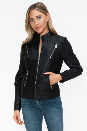 Snobbish Faux Leather Zip Up Mock Neck Jacket - Teresa's Fashionista LLC