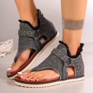 Studded Raw Hem Flat Sandals-Teresa's Fashionista LLC