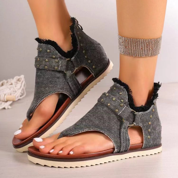 Studded Raw Hem Flat Sandals-Teresa's Fashionista LLC
