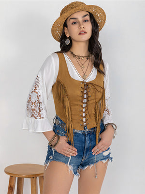 Fringe Lace-Up Vest-Teresa's Fashionista LLC