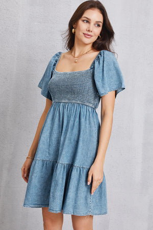 Smocked Square Neck Mini Denim Dress-Teresa's Fashionista LLC