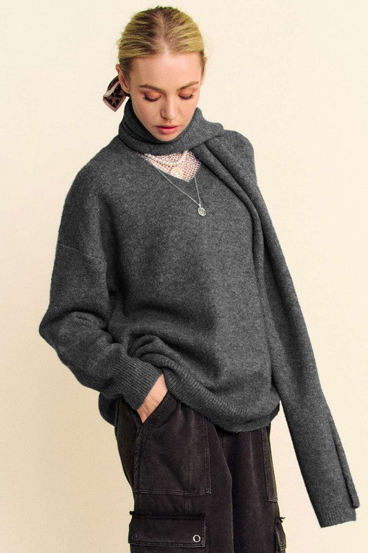 Davi & Dani V-Neck Dropped Shoulder Sweater with Scarf Set - Teresa's Fashionista LLC