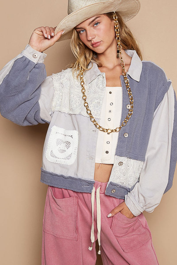 POL Crochet Patch Exposed Seam Button Up Jacket - Teresa's Fashionista LLC