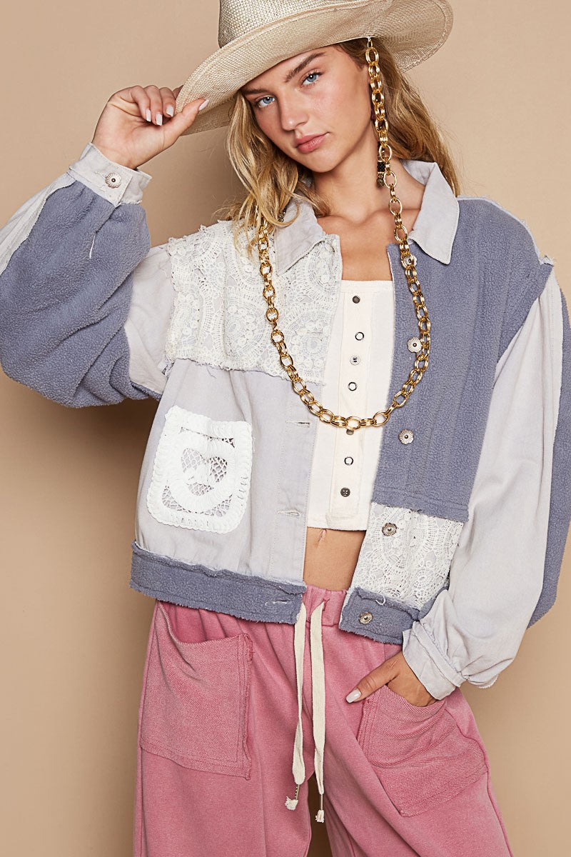 POL Crochet Patch Exposed Seam Button Up Jacket - Teresa's Fashionista LLC
