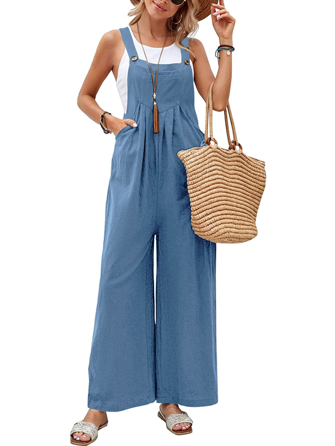 Full Size Square Neck Wide Strap Overalls - Teresa's Fashionista LLC