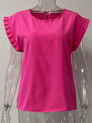Ruffled Round Neck Cap Sleeve Blouse-Teresa's Fashionista LLC