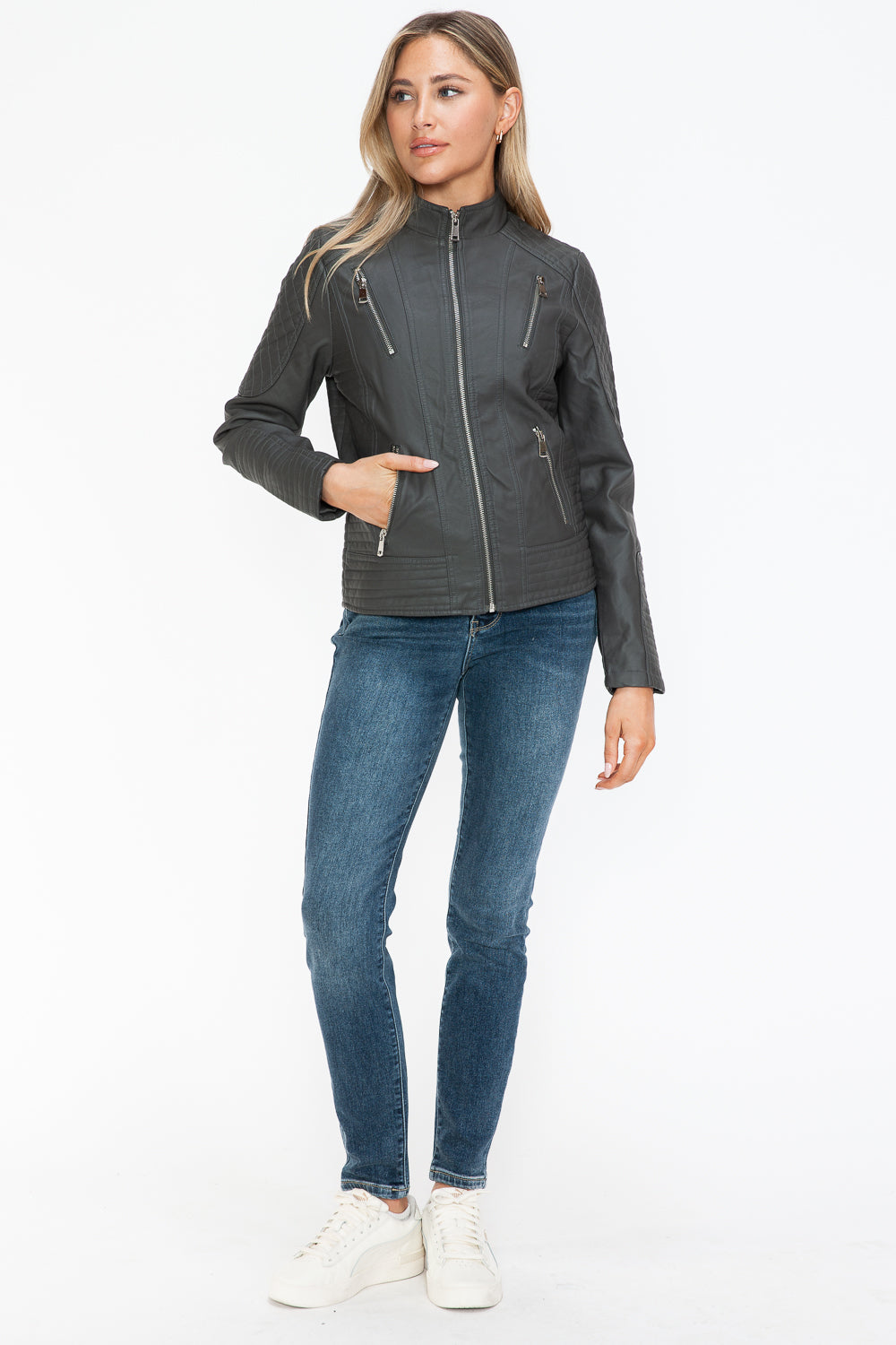 Snobbish Faux Leather Zip Up Mock Neck Jacket - Teresa's Fashionista LLC
