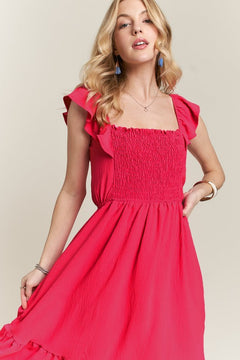 ADORA Smocked Square Neck Ruffled Cap Sleeve Dress - Teresa's Fashionista LLC