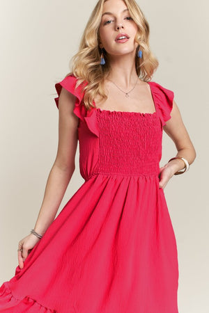 ADORA Smocked Square Neck Ruffled Cap Sleeve Dress - Teresa's Fashionista LLC