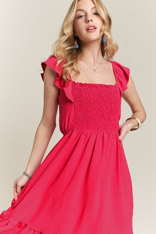 ADORA Smocked Square Neck Ruffled Cap Sleeve Dress - Teresa's Fashionista LLC