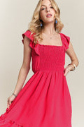 ADORA Smocked Square Neck Ruffled Cap Sleeve Dress - Teresa's Fashionista LLC