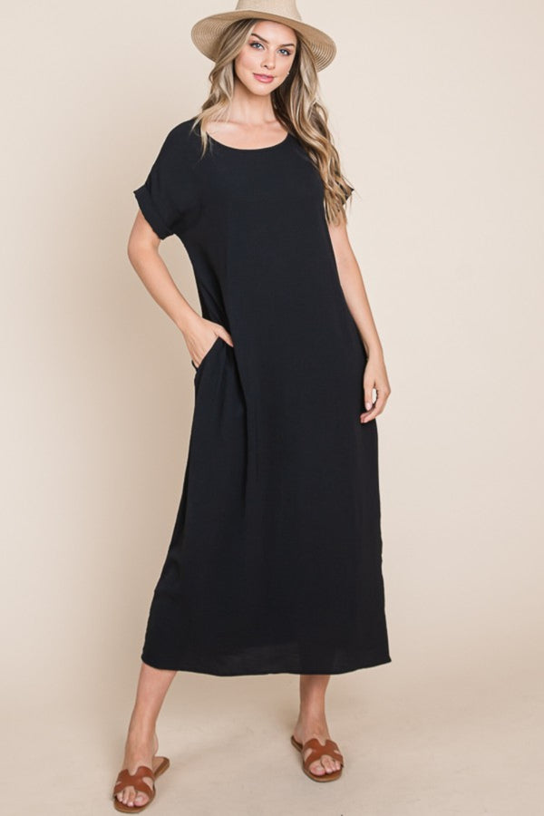 BOMBOM Round Neck Short Sleeve Midi Dress with Pockets-Teresa's Fashionista LLC