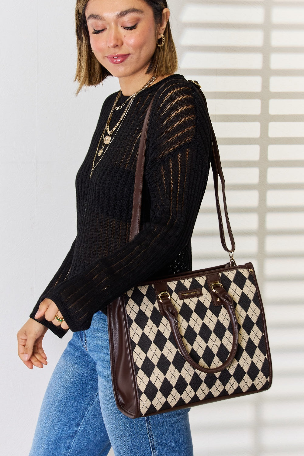 David Jones Argyle Pattern PU Leather Handbag-Teresa&#39;s Fashionista LLC
