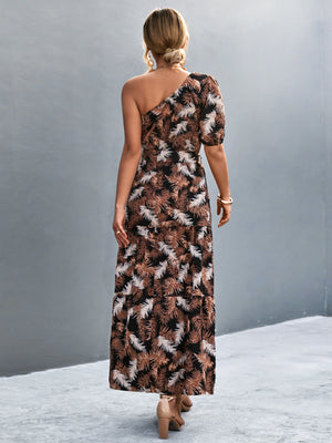 Printed Tie Waist One Shoulder Maxi Dress-Teresa's Fashionista LLC