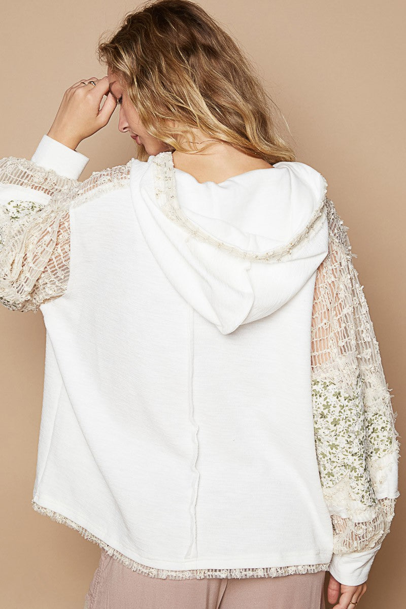 POL Star Patch Lace Contrast Long Sleeve Hooded Top - Teresa's Fashionista LLC