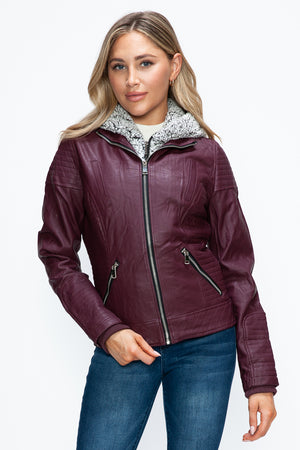 YMI Faux Layered Double-Zipper Jacket with Fuzzy Hood - Teresa's Fashionista LLC