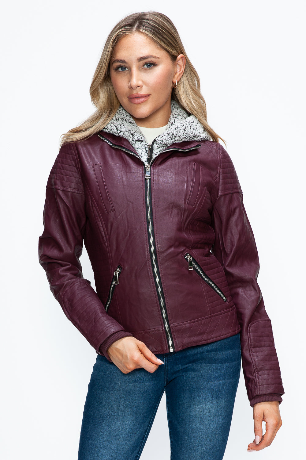YMI Faux Layered Double-Zipper Jacket with Fuzzy Hood - Teresa's Fashionista LLC
