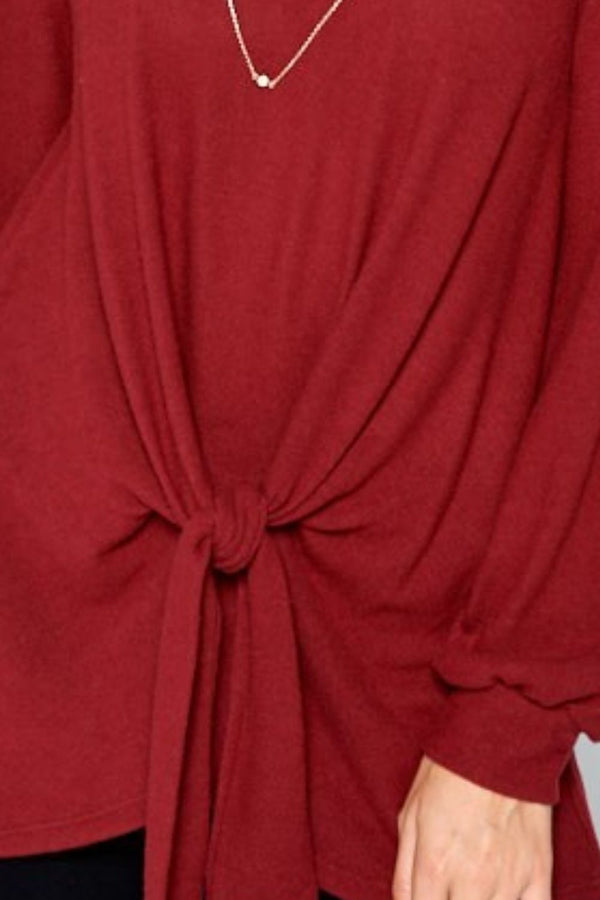 Super Lady Full Size Round Neck Knot Front Hacci Blouse - Teresa's Fashionista LLC