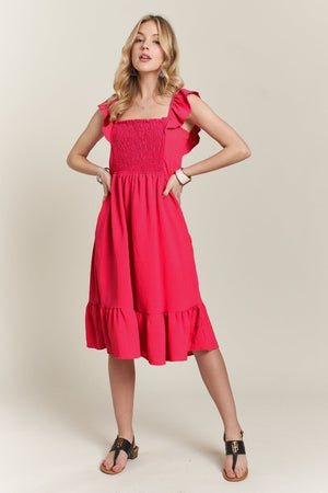 ADORA Smocked Square Neck Ruffled Cap Sleeve Dress - Teresa's Fashionista LLC