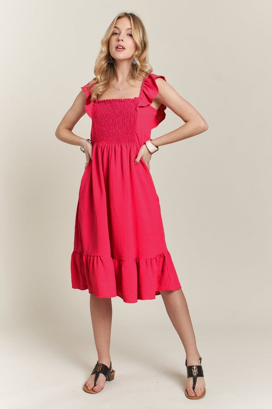 ADORA Smocked Square Neck Ruffled Cap Sleeve Dress - Teresa's Fashionista LLC