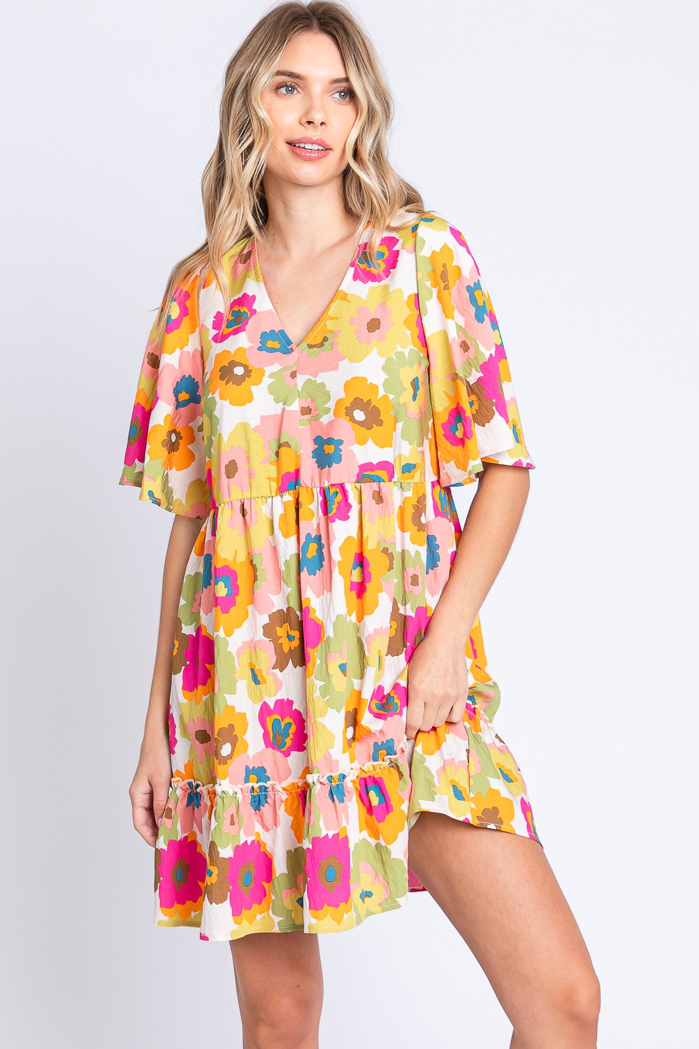 GeeGee Floral V-Neck Ruffle Hem Mini Dress-Teresa's Fashionista LLC