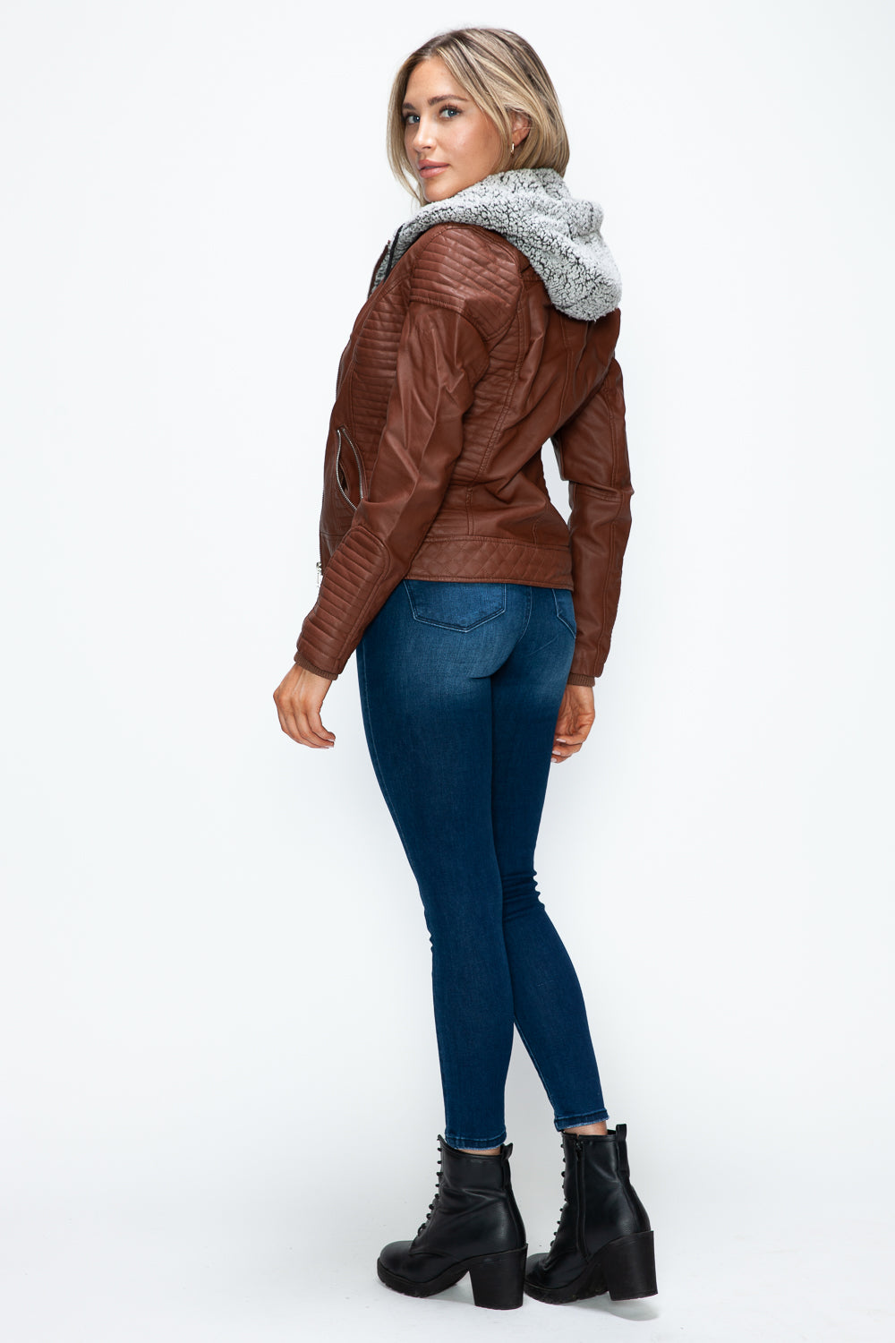 YMI Faux Layered Double-Zipper Jacket with Fuzzy Hood - Teresa's Fashionista LLC