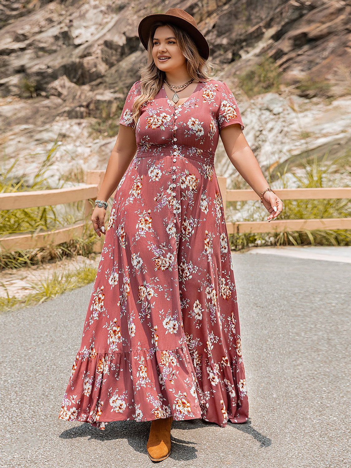 Plus Size Floral Slit Ruffle Hem Dress-Teresa&#39;s Fashionista LLC