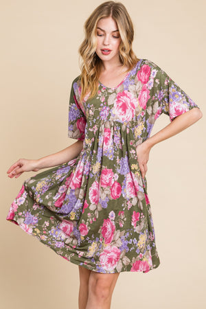 BOMBOM Flower Print V-Neck Ruched Dress-Teresa's Fashionista LLC