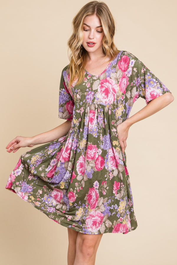 BOMBOM Flower Print V-Neck Ruched Dress-Teresa's Fashionista LLC