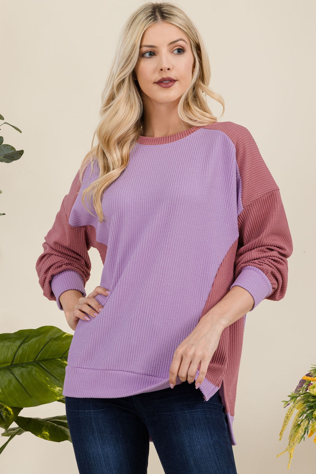 Celeste Full Size High-Low Contrast Round Neck Sweatshirt - Teresa's Fashionista LLC