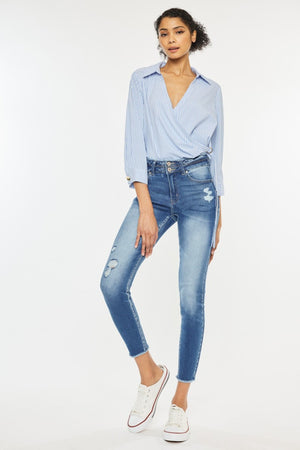 Kancan Distressed Raw Hem High Waist Jeans-Teresa's Fashionista LLC