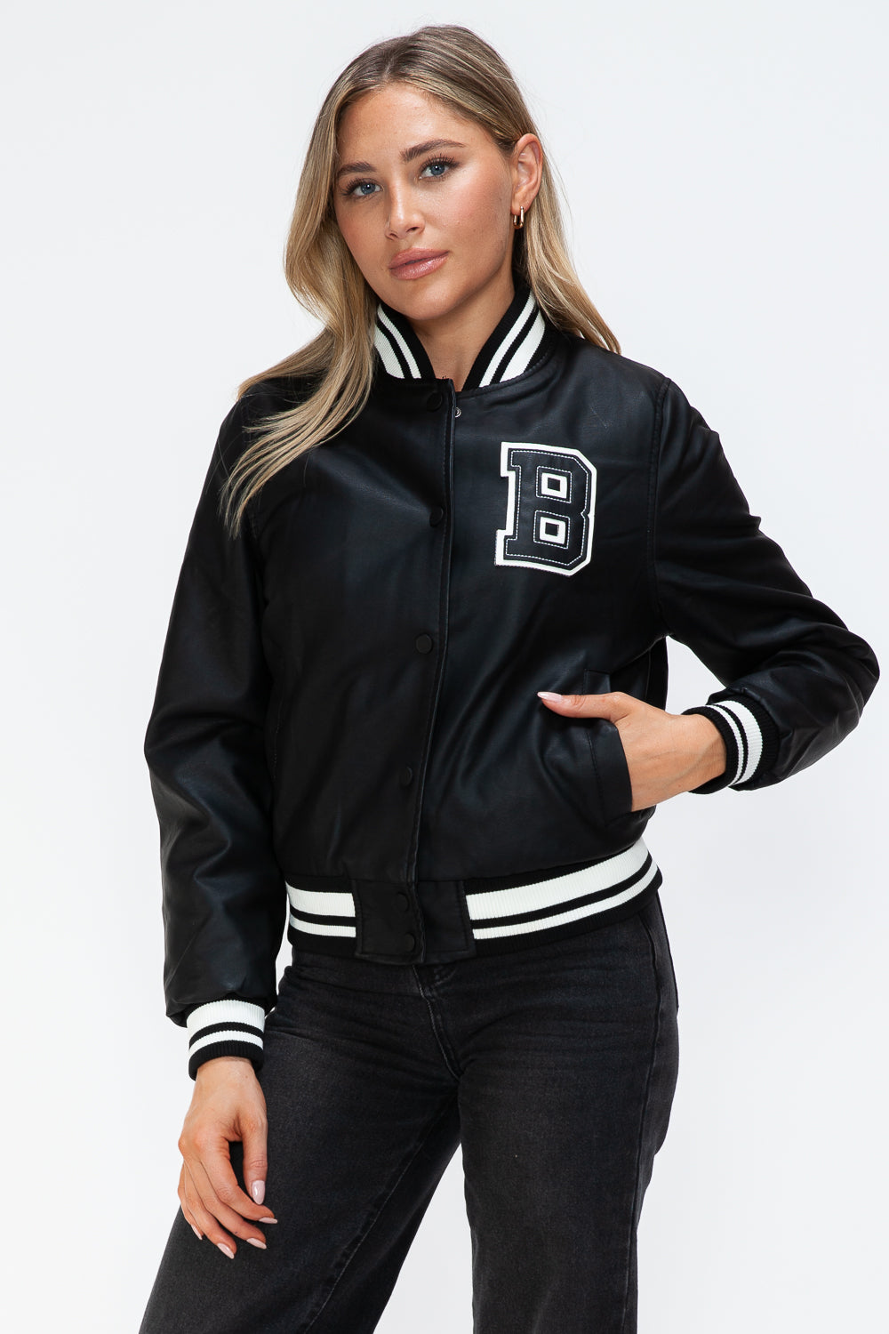 Love Me Now PU Leather Contrast Snap Down Bomber Jacket - Teresa's Fashionista LLC