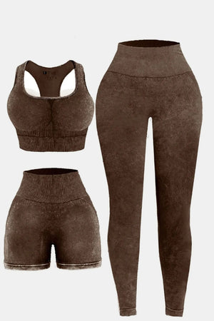 3 Piece Washed Square Neck Wide Strap Active Set-Teresa's Fashionista LLC