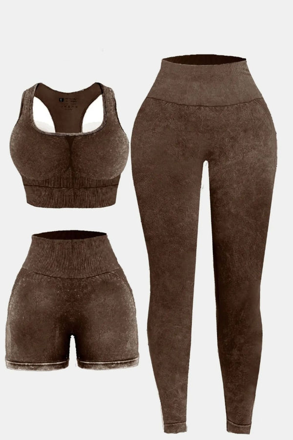3 Piece Washed Square Neck Wide Strap Active Set-Teresa's Fashionista LLC