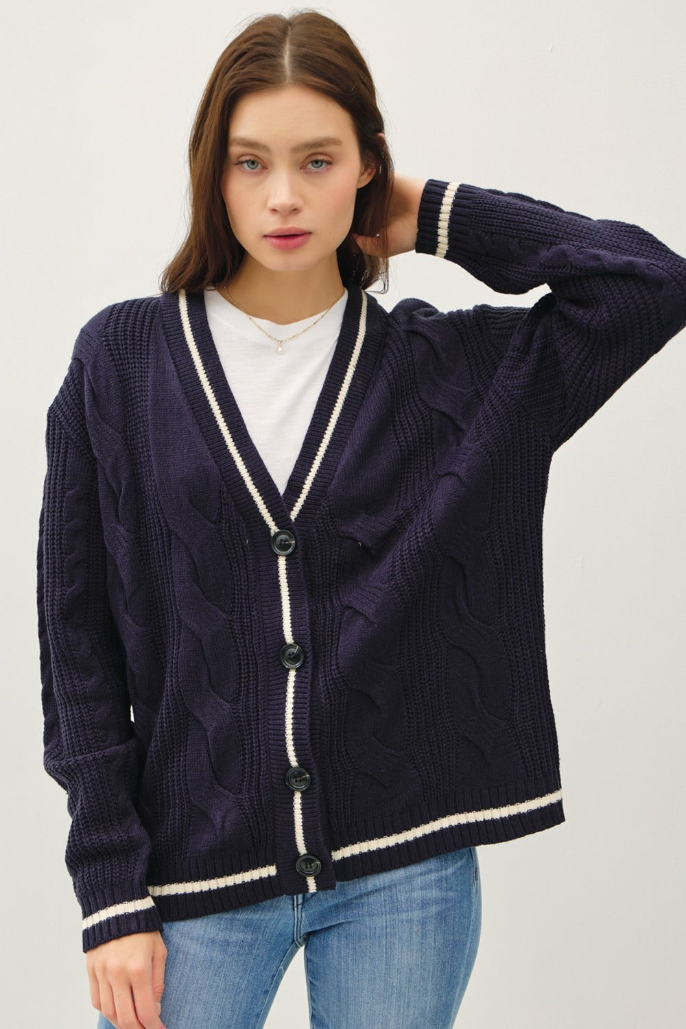Be Cool Contrast Trim Cable-Knit V-Neck Cardigan - Teresa's Fashionista LLC