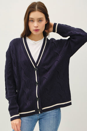 Be Cool Contrast Trim Cable-Knit V-Neck Cardigan - Teresa's Fashionista LLC