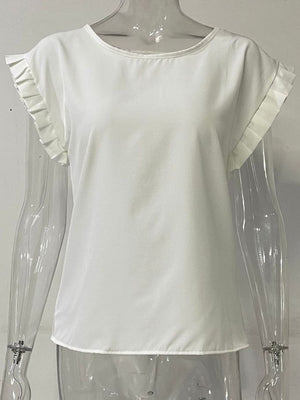 Ruffled Round Neck Cap Sleeve Blouse-Teresa's Fashionista LLC